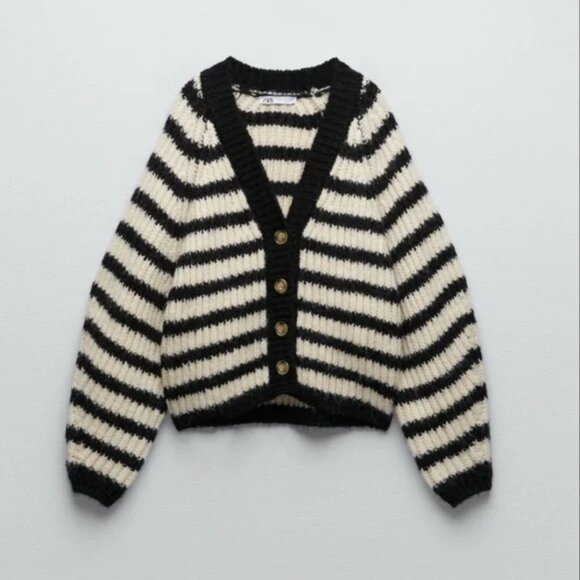 Zara STRIPED OVERSIZE KNIT CARDIGAN striped - Picture 1 of 4